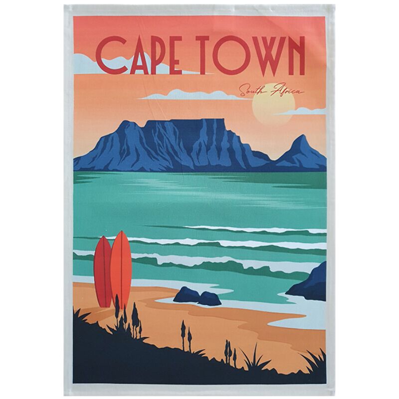 Cape Town Surf tea towel featuring Table Mountain