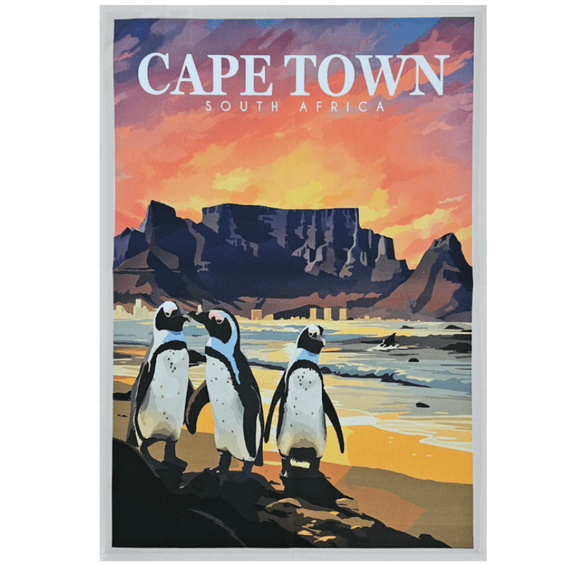 Cape Town Penguins tea towel featuring Table Mountain