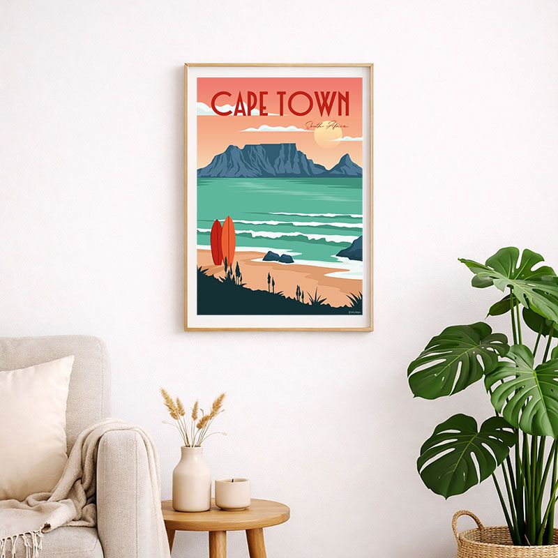 Cape Town Surf art print featuring Table Mountain displayed on a wall